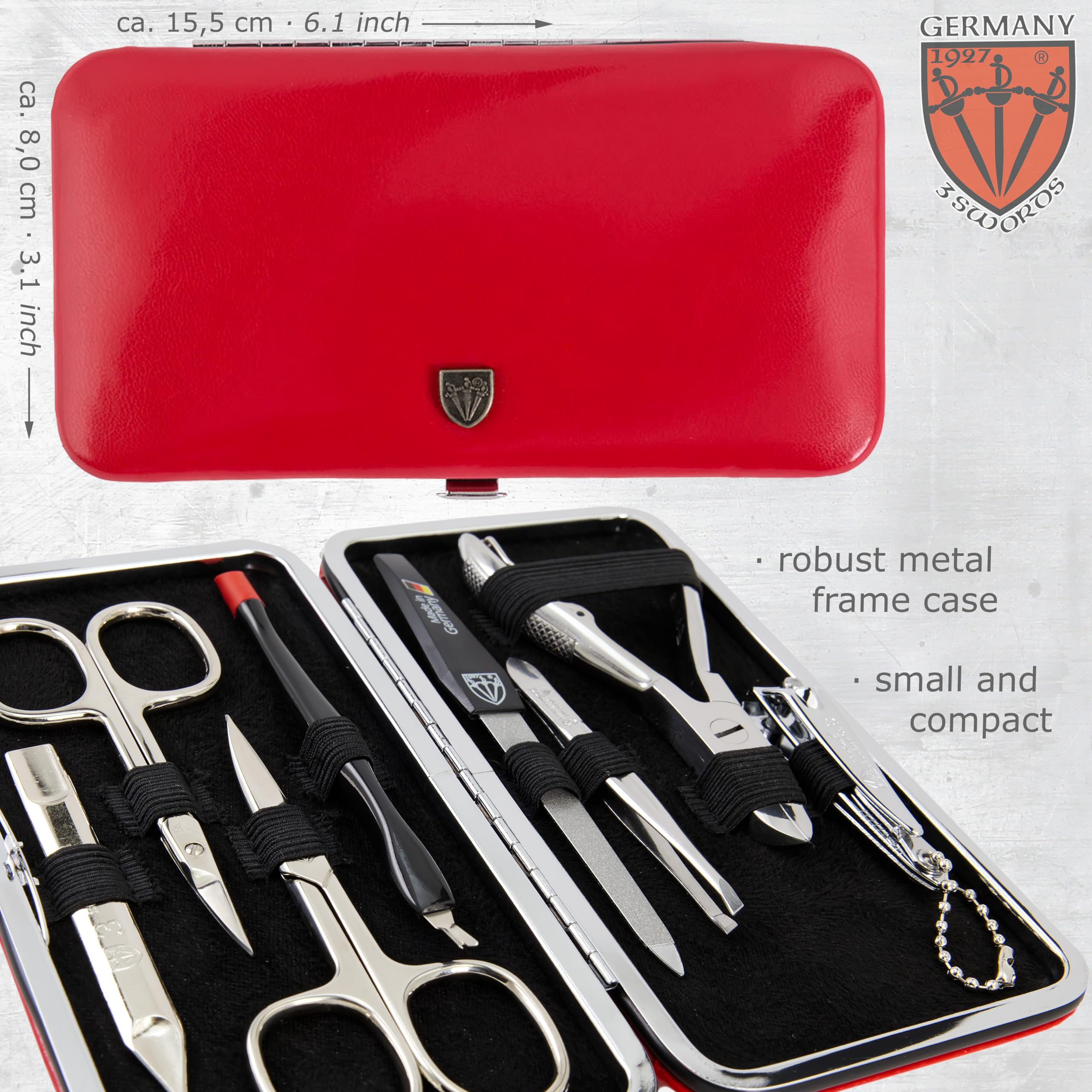 3 Swords Germany 7-Piece Manicure & Pedicure Kit in Red Leather Case