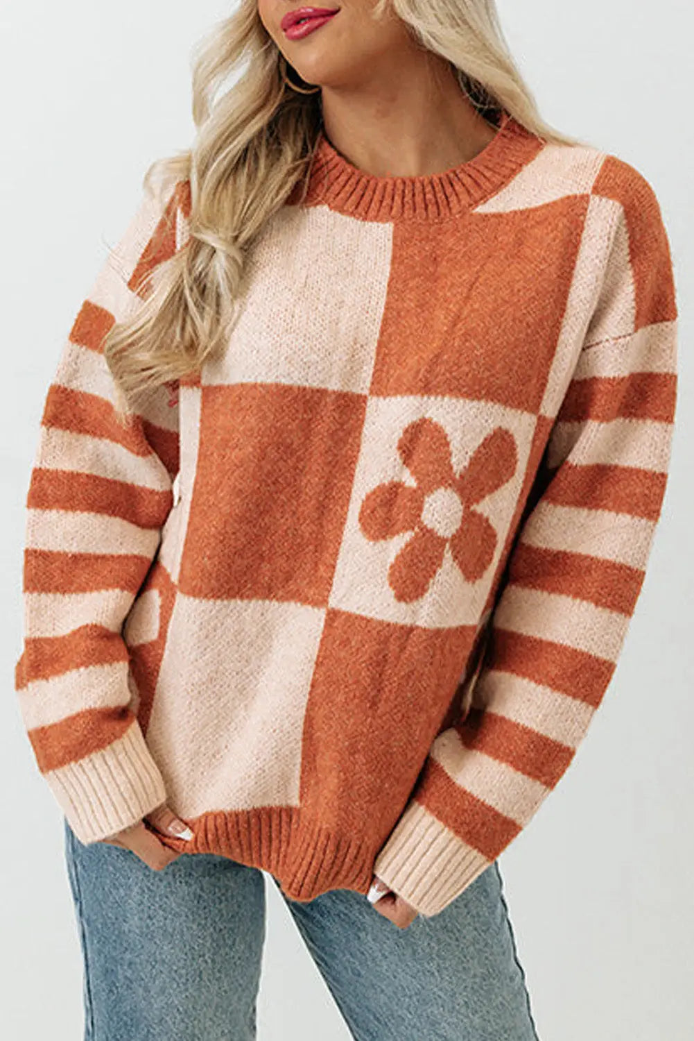 Checkered Floral Print Striped Sleeve Sweater Women UK