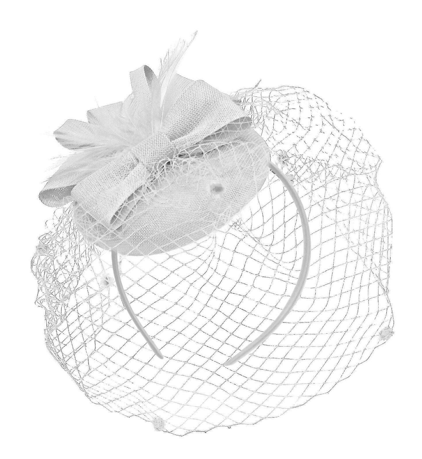 White Birdcage Veil Pillbox Bow Sinamay Headband Fascinator Weddings Ascot Hatinator Races