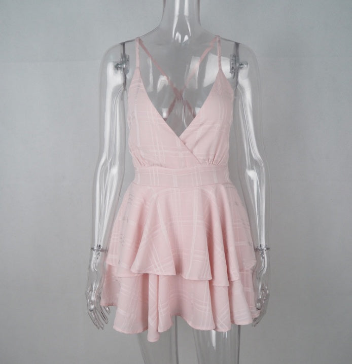 Summer sexy waist backless V-neck plaid chiffon straps shorts
