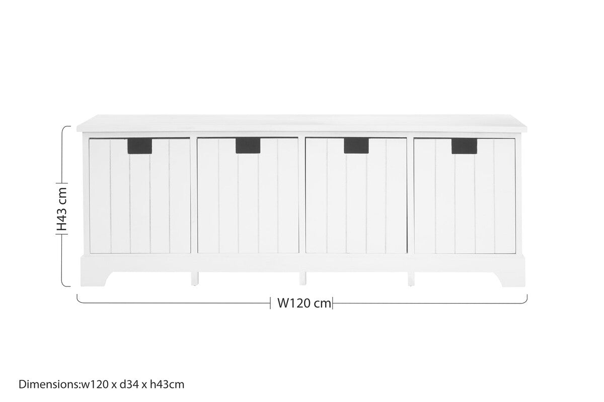 New England White Wood Storage Bench with 4 Drawers