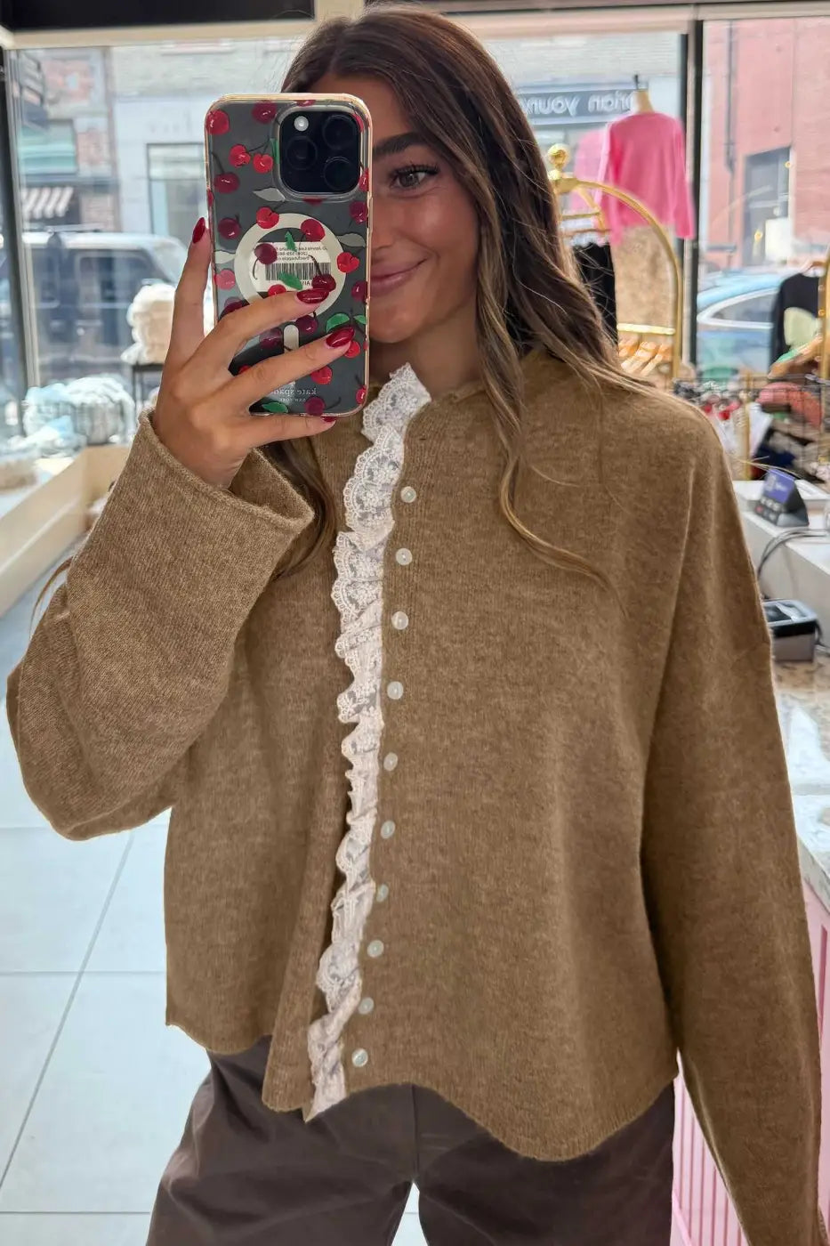 Taupe Lace Trim Loose Cardigan Women UK