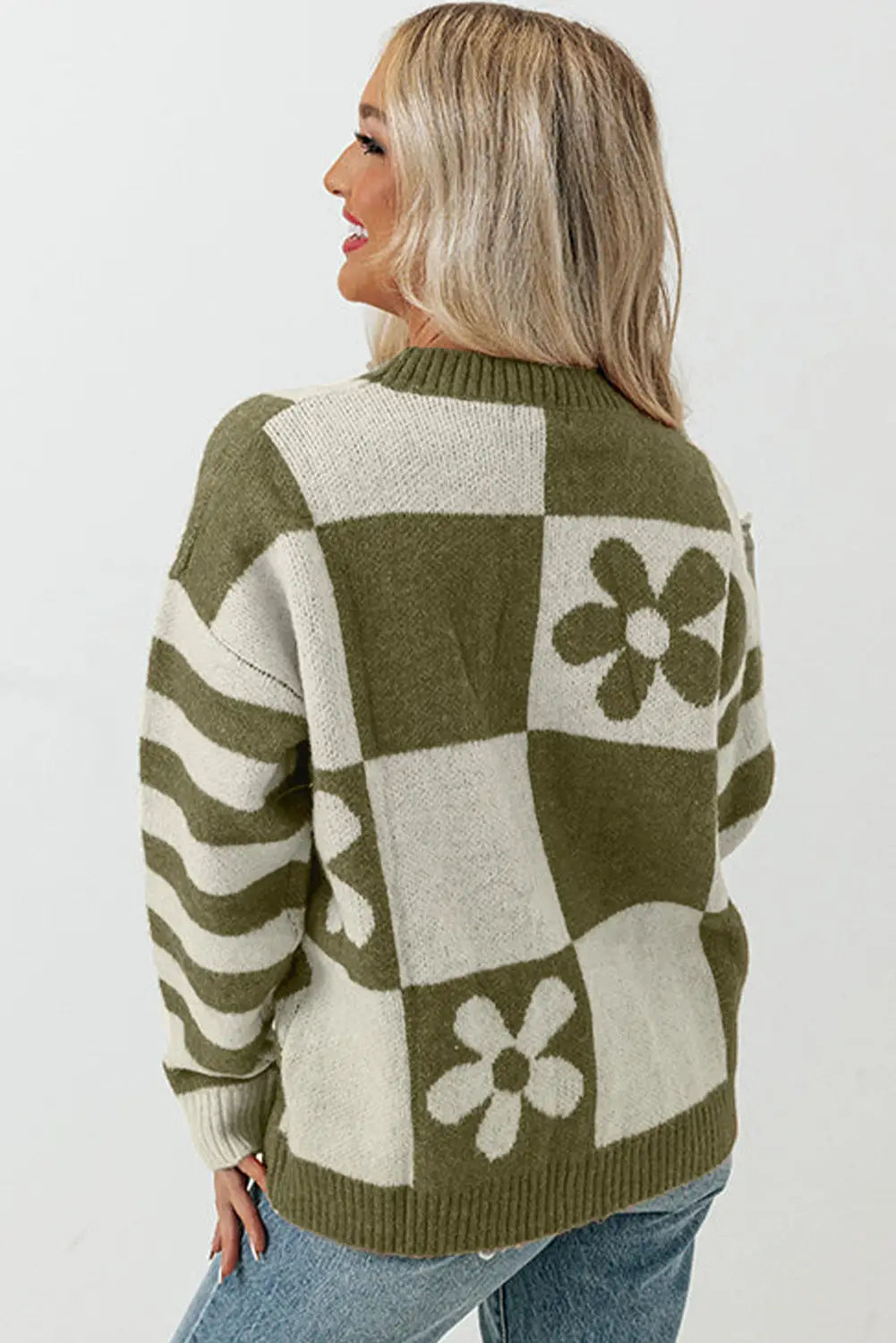 Checkered Floral Print Striped Sleeve Sweater Women UK