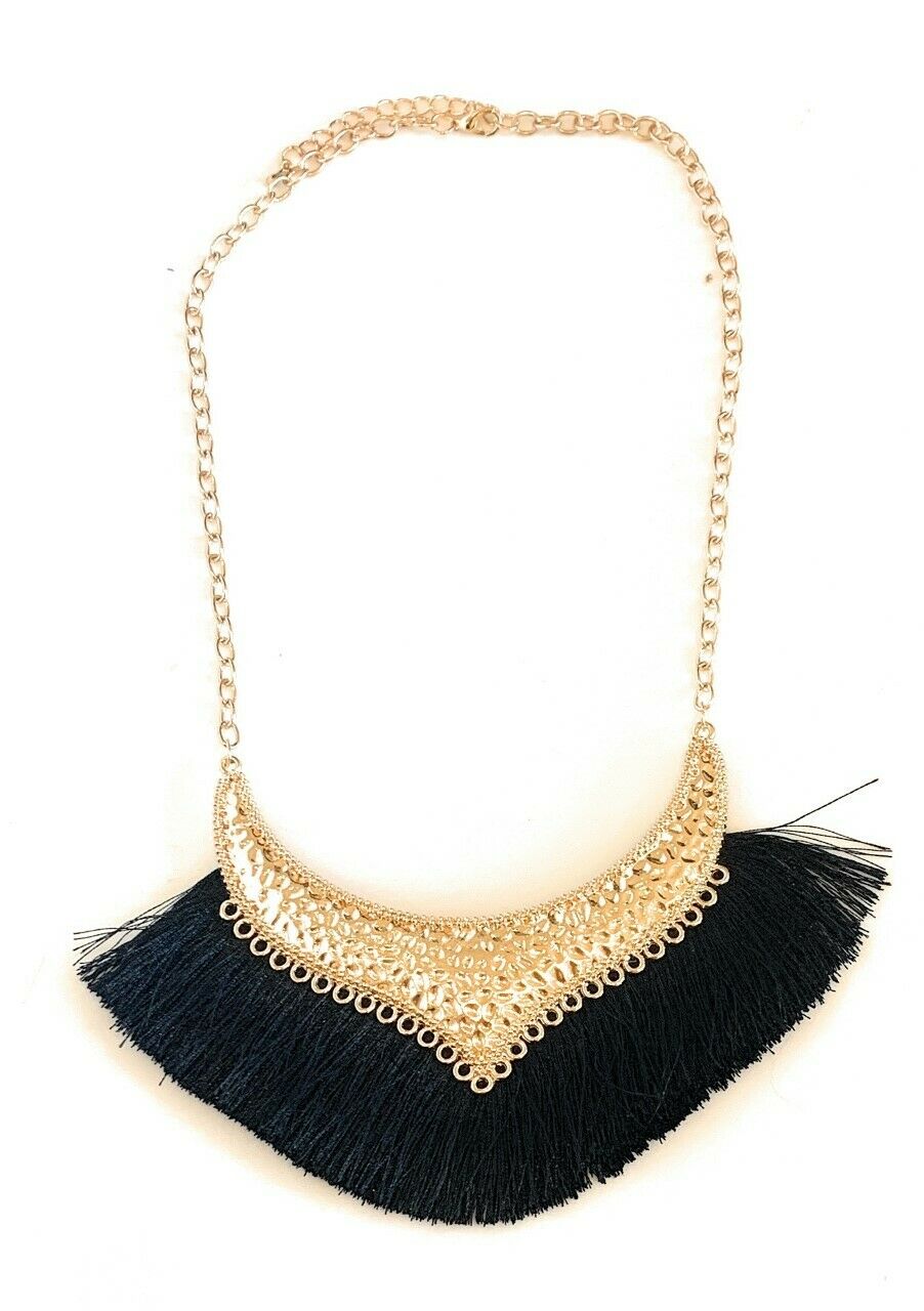Girls Woman's Gold Tone Statement Tassel Bib Fashion Necklace Chain Gift UK