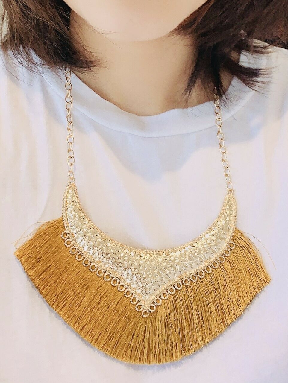 Girls Woman's Gold Tone Statement Tassel Bib Fashion Necklace Chain Gift UK