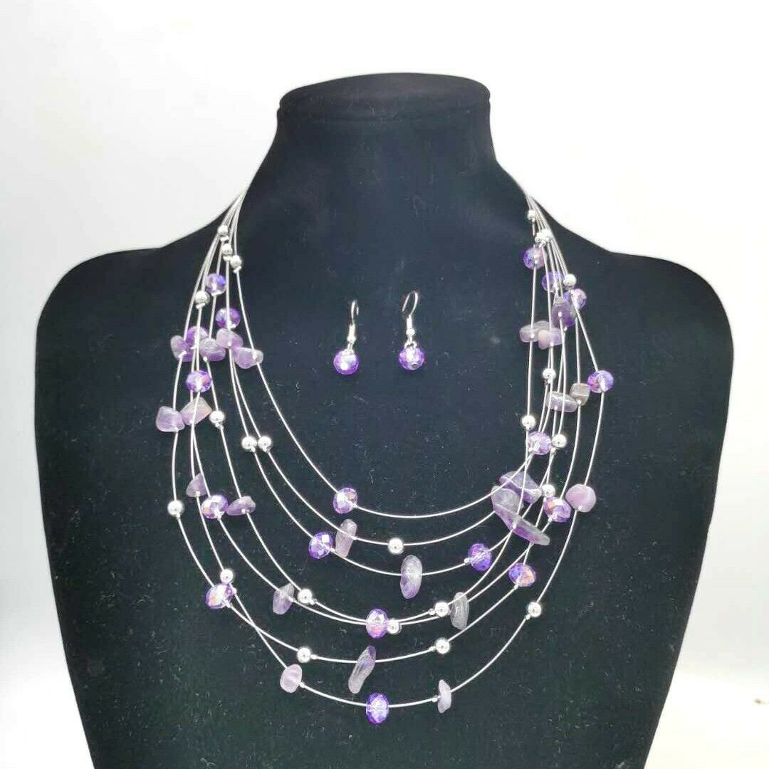 Natural Stone Crystal Multi Layer Bib Statement Necklace and Earrings Gift Set