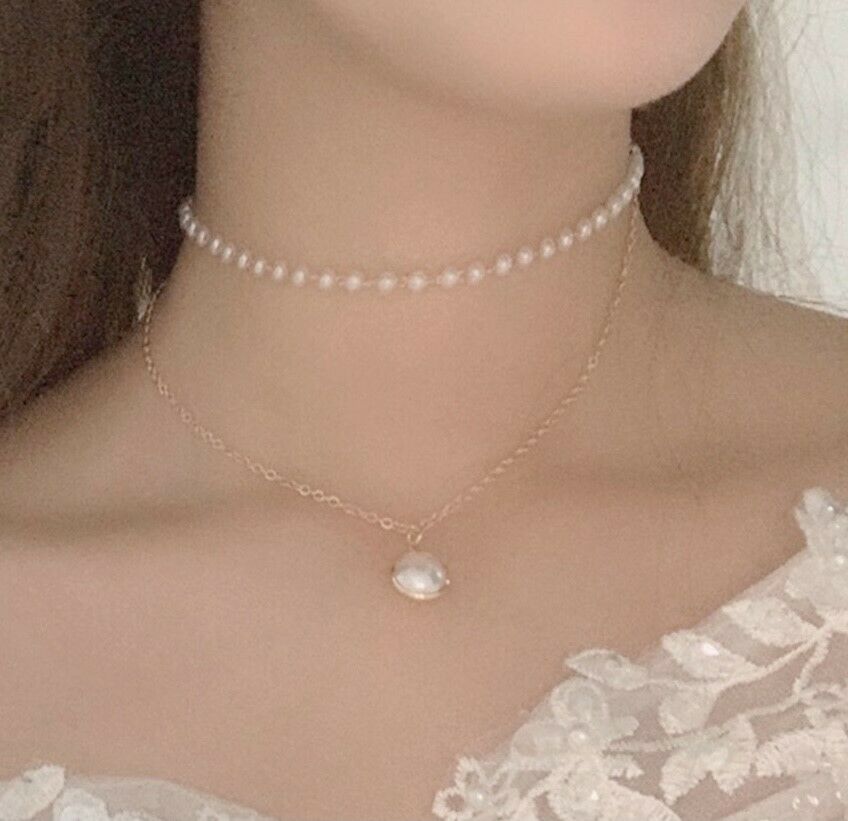 1920s Gatsby Gold Tone Faux Pearl Double Layer Choker Pendant Necklace Chain UK