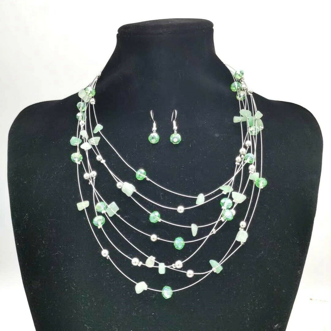 Natural Stone Crystal Multi Layer Bib Statement Necklace and Earrings Gift Set