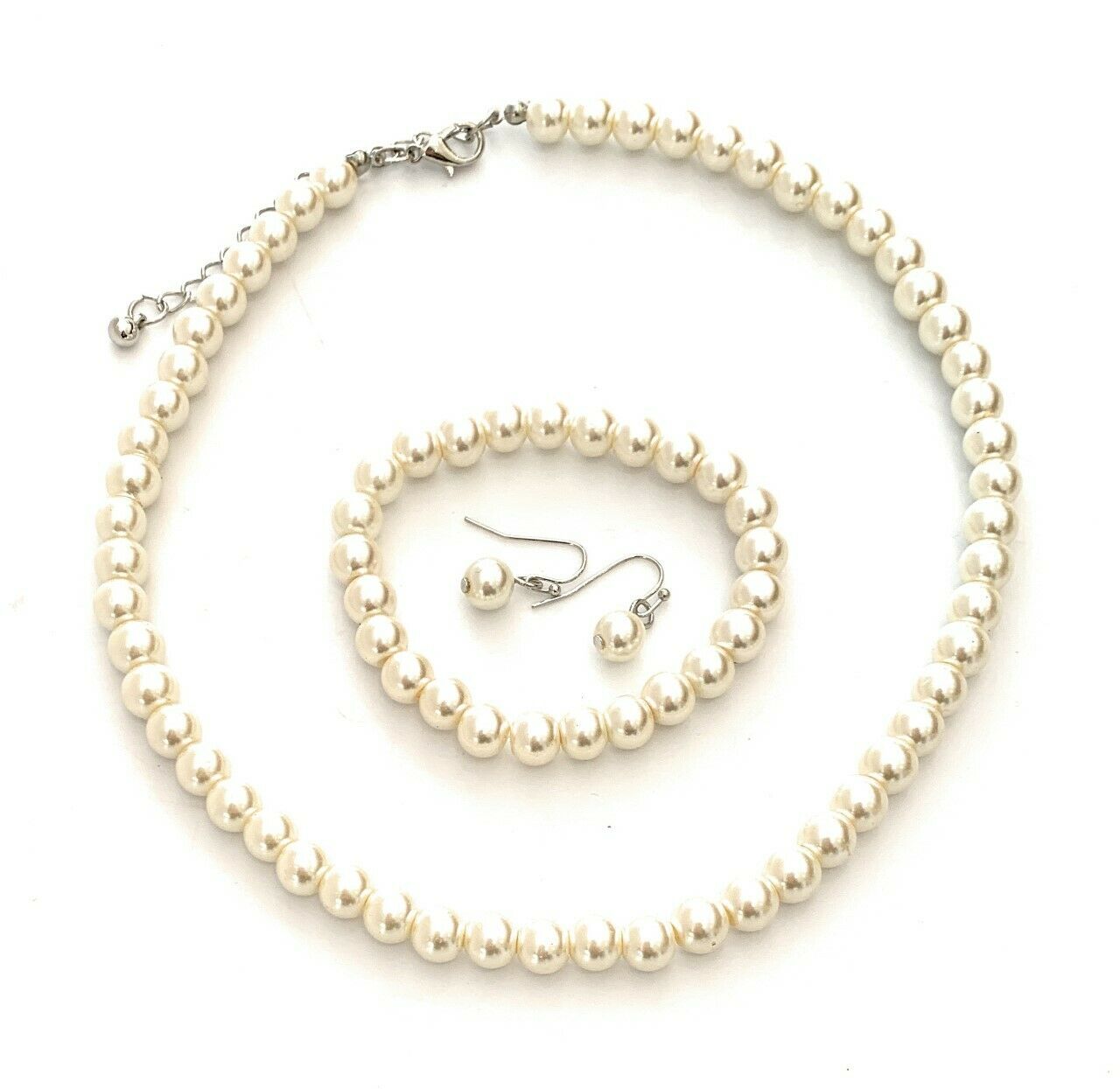 Classic Faux Pearl Necklace Earrings & Bracelet Jewellery Set Vintage