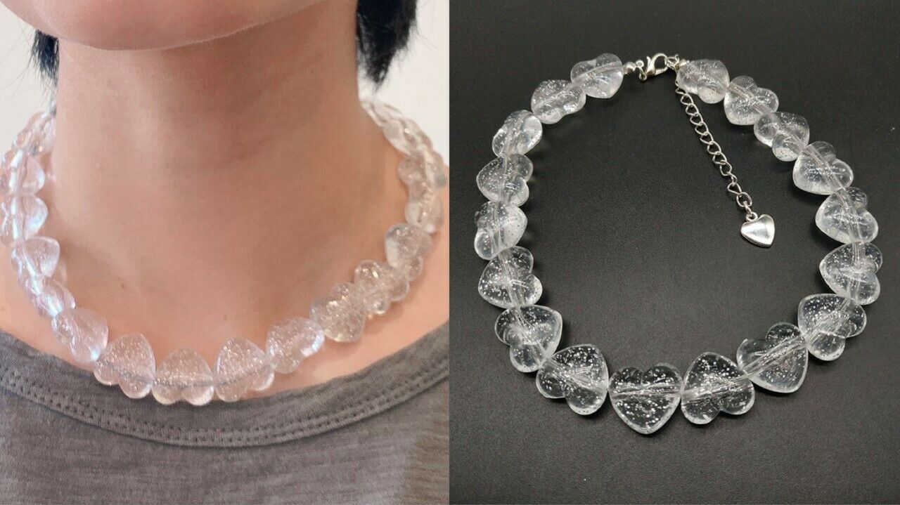 Girls Clear Acrylic Love Heart Bead Chunky Statement Beaded Necklace Choker UK