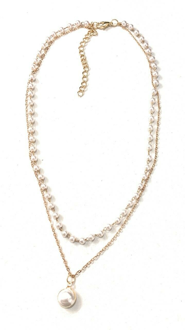 1920s Gatsby Gold Tone Faux Pearl Double Layer Choker Pendant Necklace Chain UK