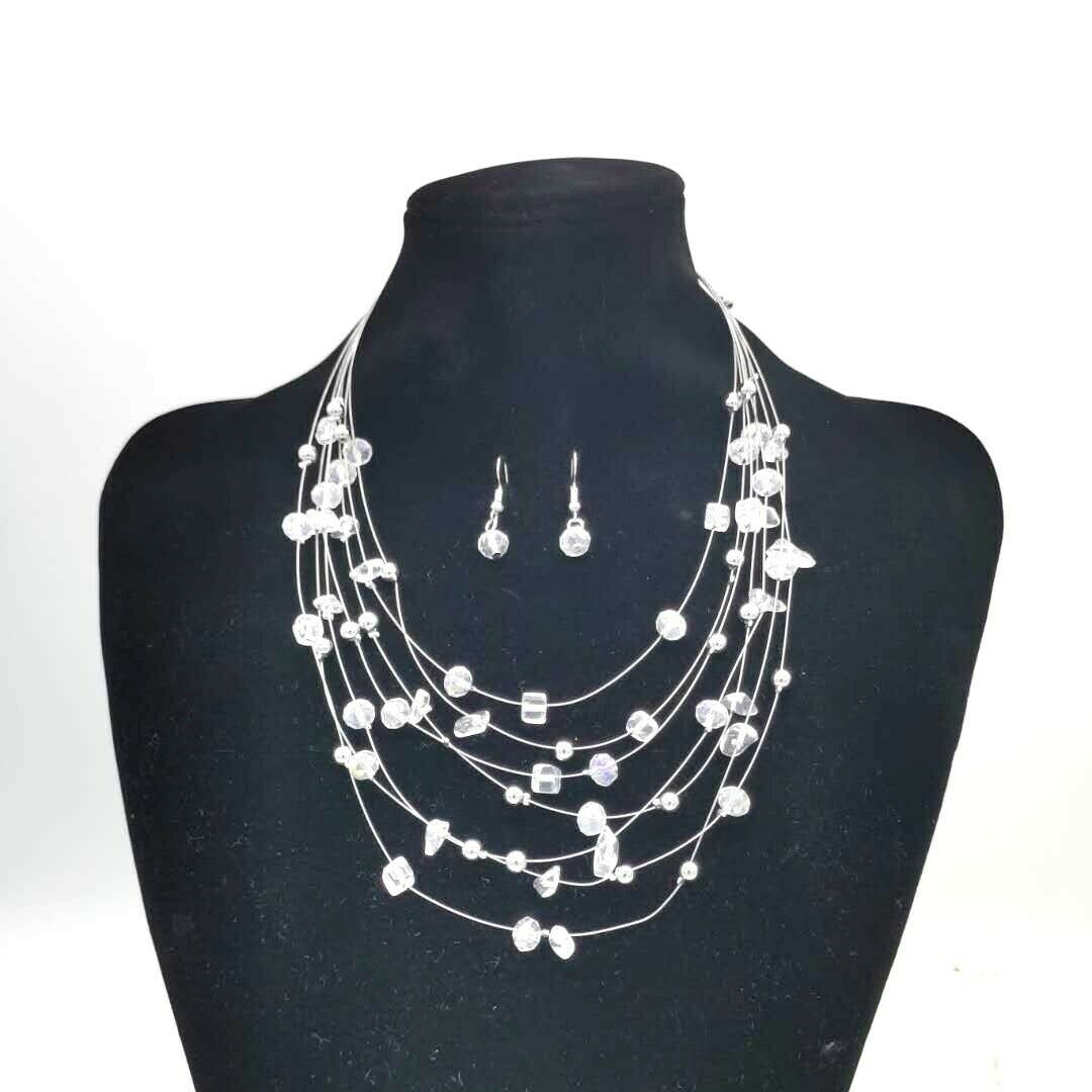 Natural Stone Crystal Multi Layer Bib Statement Necklace and Earrings Gift Set