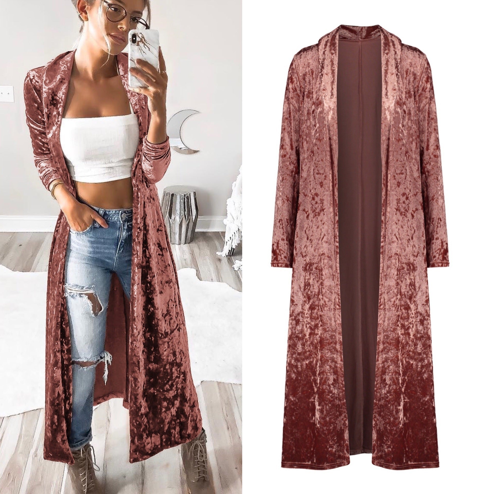 Long Sleeve Velvet Cardigan Windbreaker Long Coat Lady