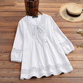 Cotton And Linen Stitching Lace 34 Sleeve Loose Women's Top T-shirt