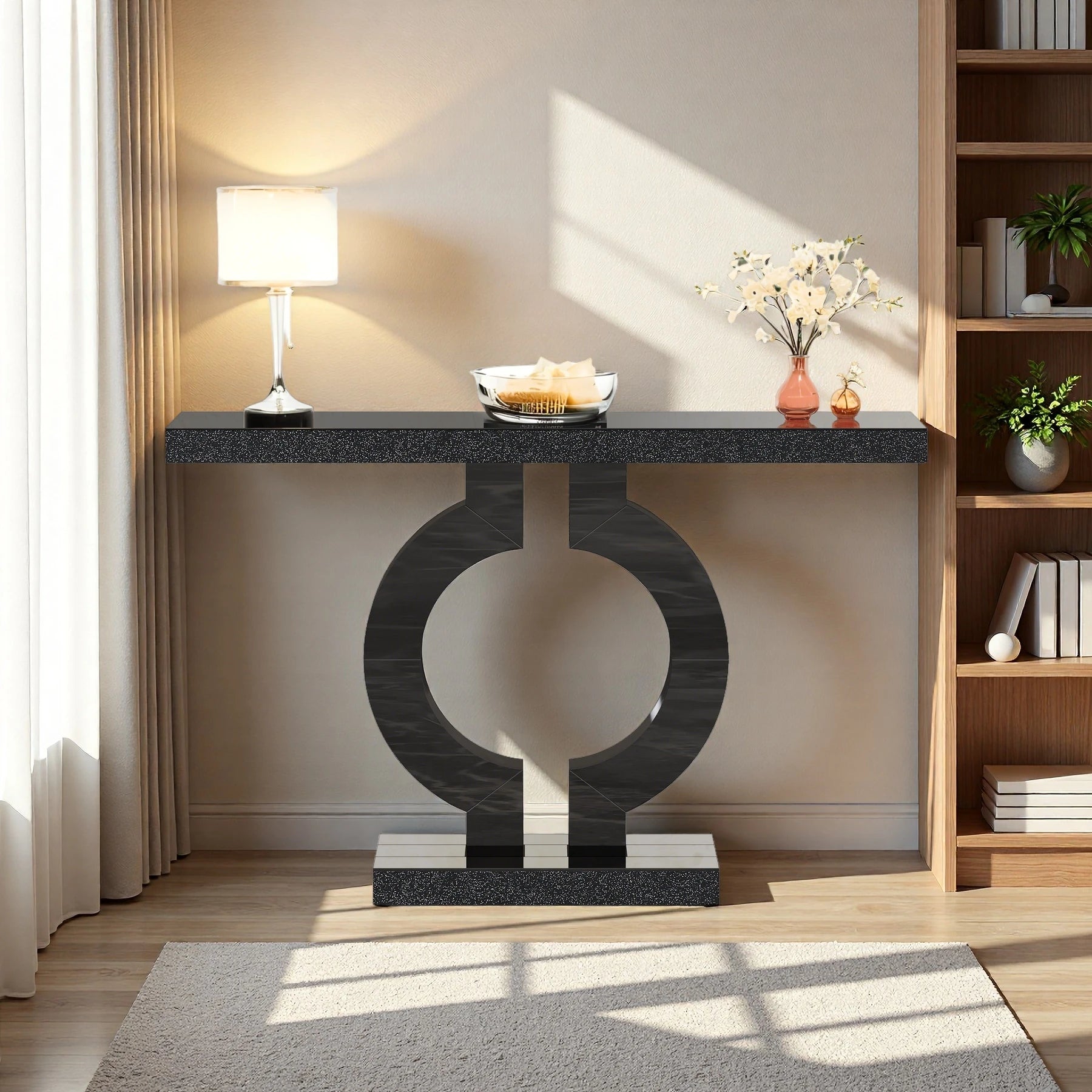 Black Marble-Effect Modern Console Table - Sculptural Entryway & Sofa Table