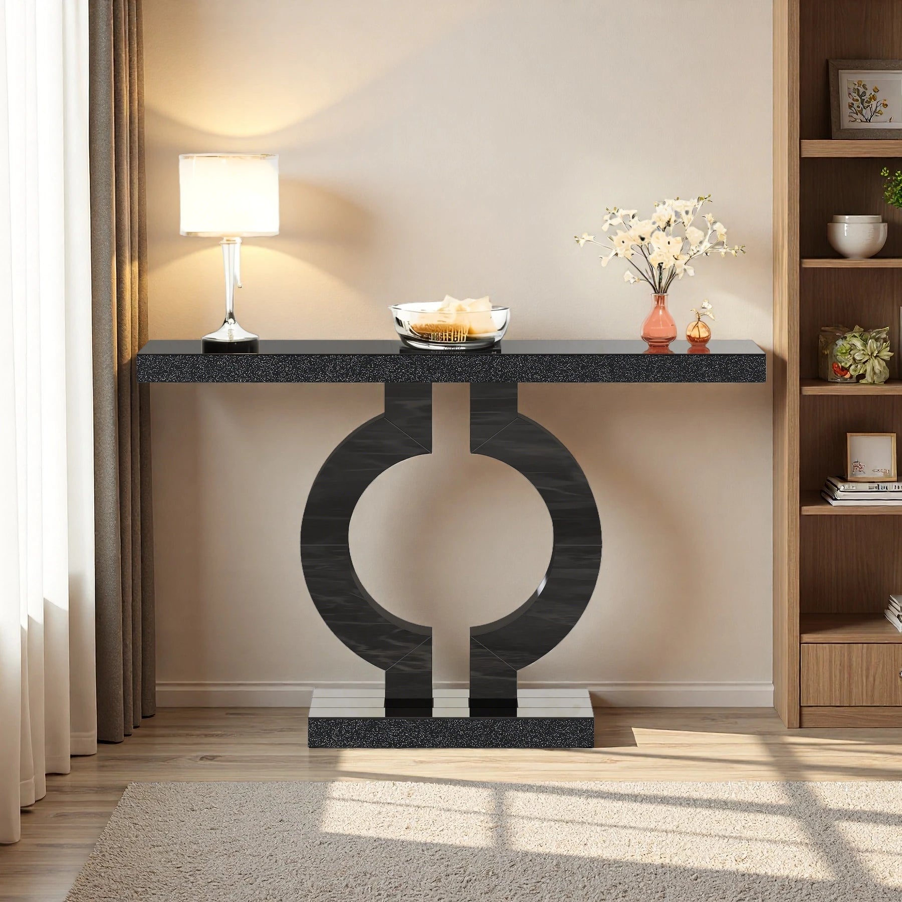 Black Marble-Effect Modern Console Table - Sculptural Entryway & Sofa Table