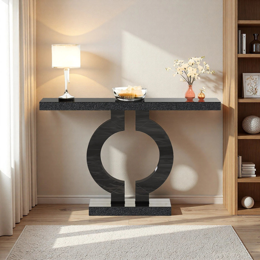 Black Marble-Effect Modern Console Table - Sculptural Entryway & Sofa Table