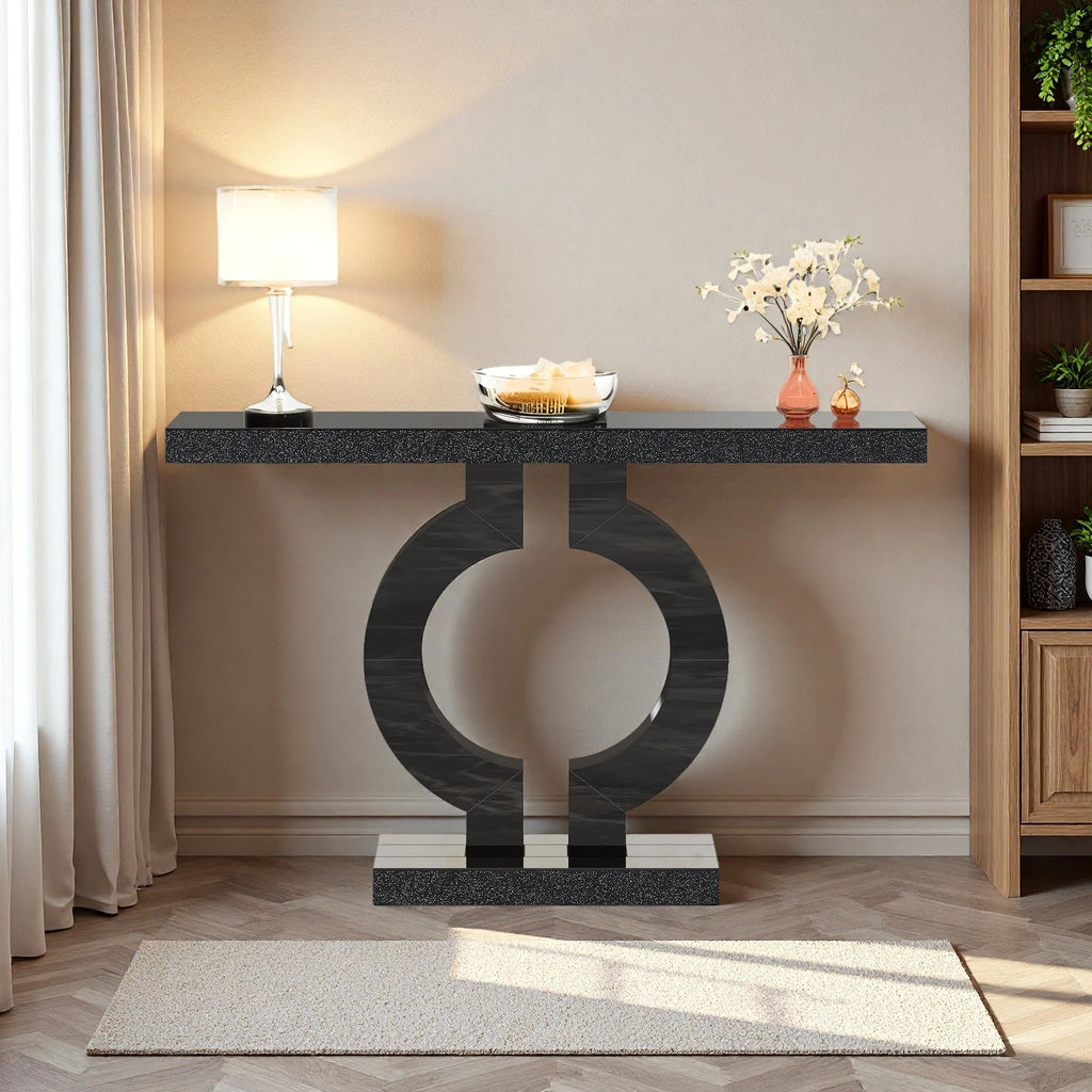 Black Marble-Effect Modern Console Table - Sculptural Entryway & Sofa Table