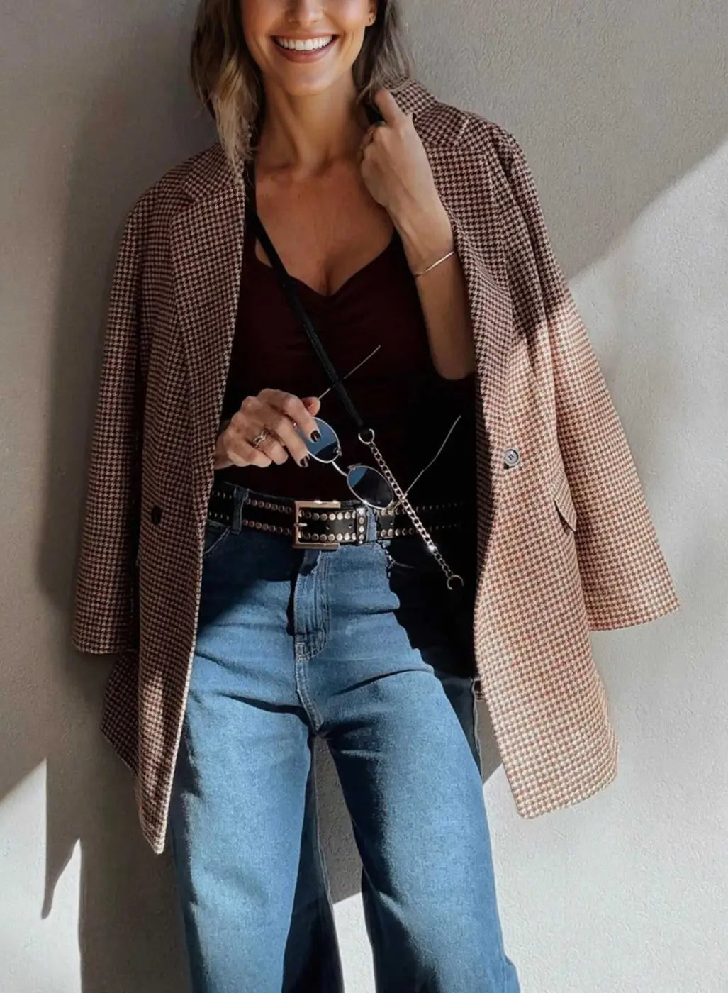 Brown Houndstooth Fitted Blazer Women UK