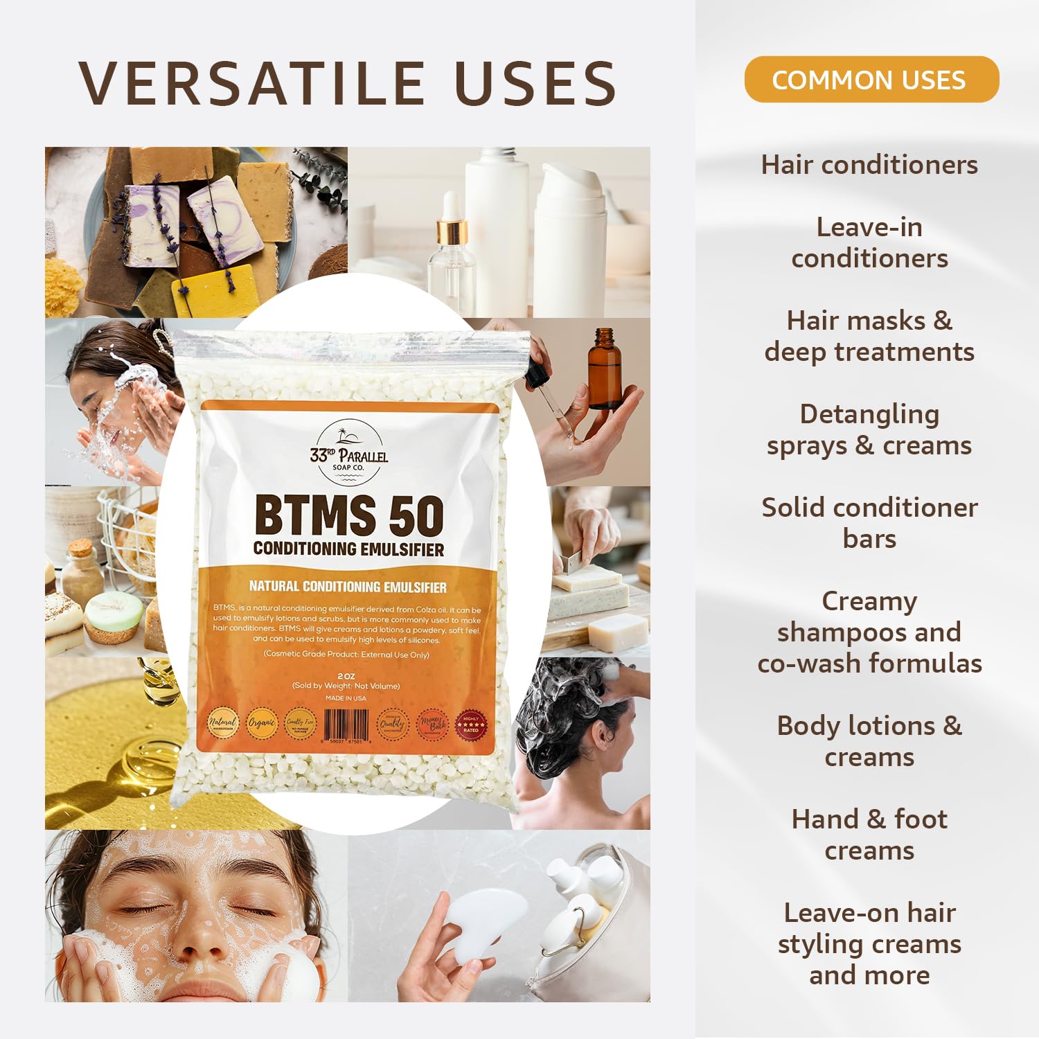 33RD PARALLEL BTMS 50 Bulk Emulsifier – 2 lb (32 oz), Cosmetic Grade, USA