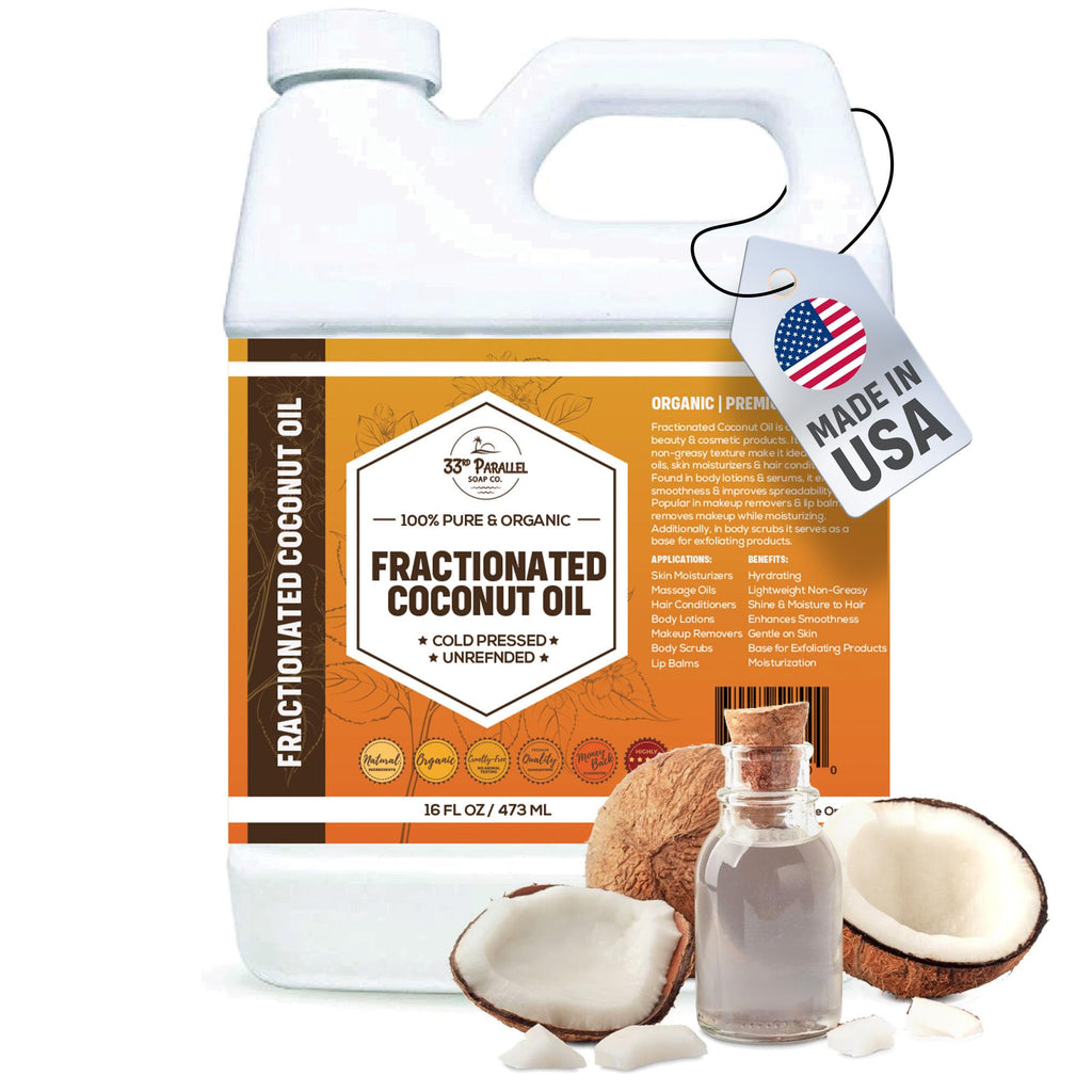 33RD PARALLEL SOAP CO. Organic Fractionated Coconut Oil (16 oz) – Cold-Pressed, Non-GMO Carrier Oil