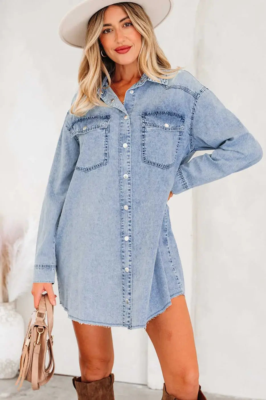 Raw Hem Oversized Denim Shirt Dress Women UK