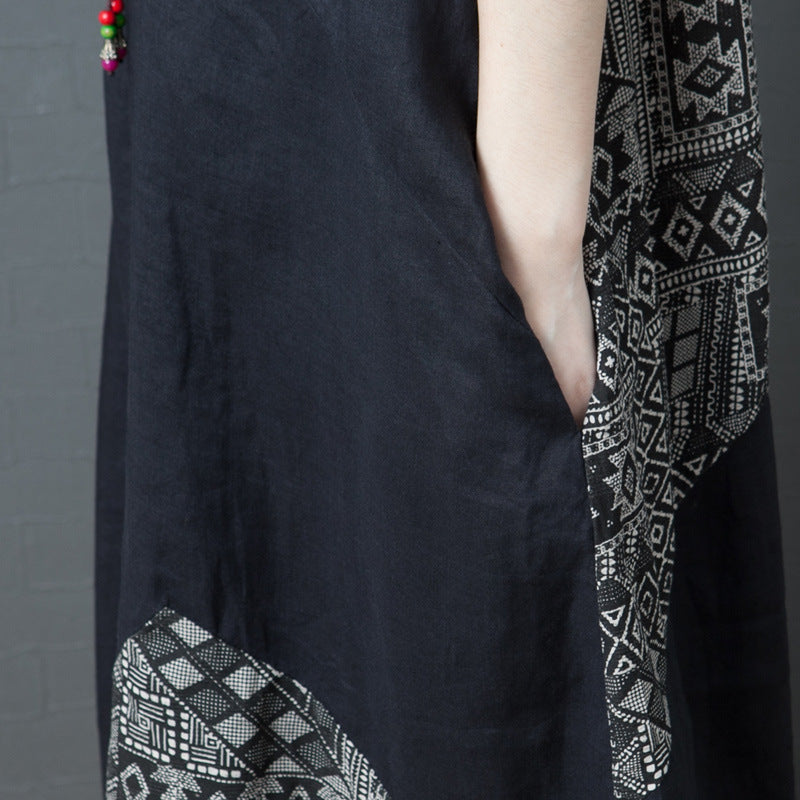 Patchwork Printed Cotton And Linen Crew-neck Short-sleeve Dress