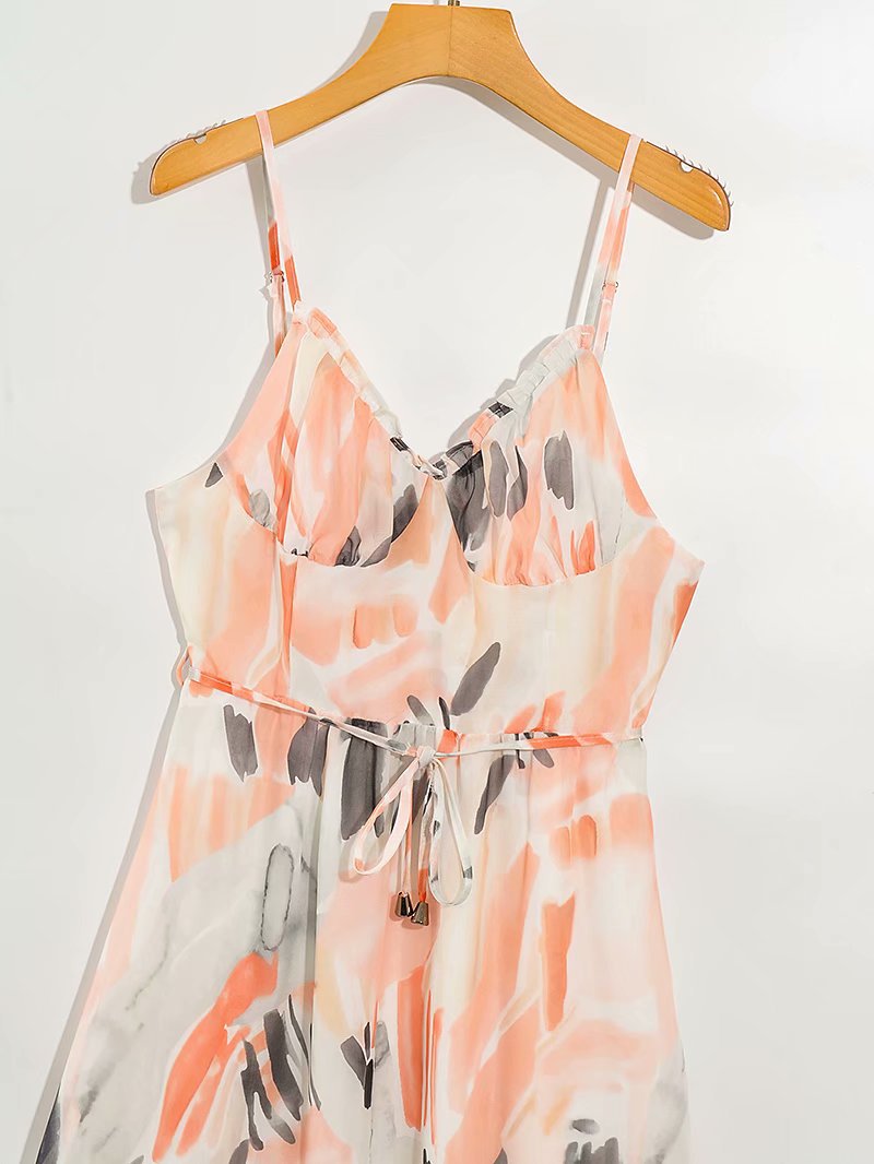 Summer New Fashion V-Neck Suspender Dress Sexy Backless Printing Long Skirt