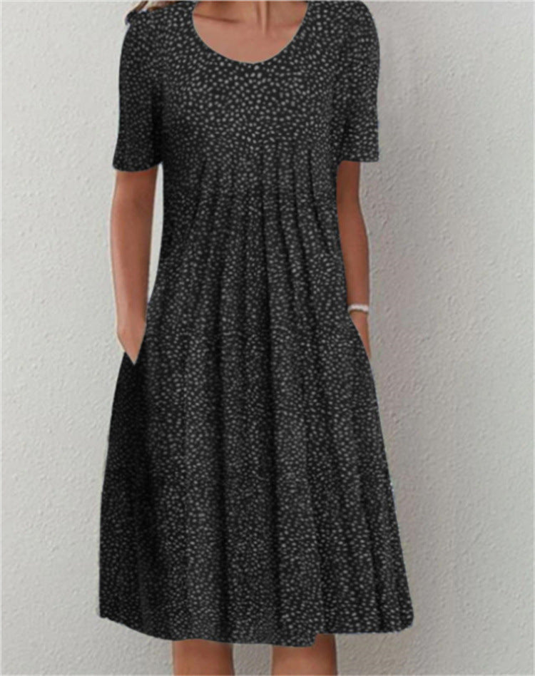 Spring And Summer Polka Dot Printed Round Neck Dress For Women