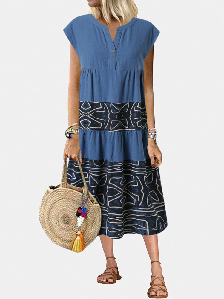 Ladies Printed Patchwork Sleeveless V-Neck Loose Retro Dress