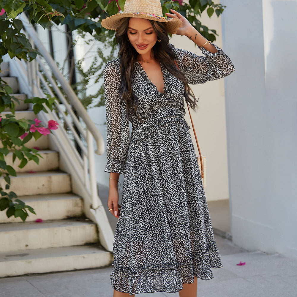 Spring And Summer V-neck Simple Print Dress For Women
