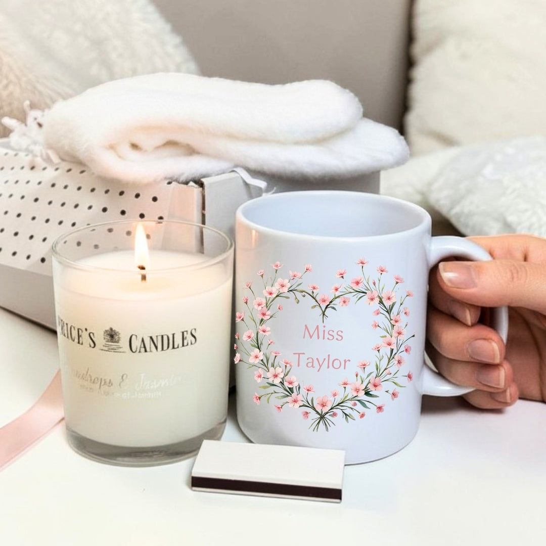 Personalised Pink Flowers Heart Name Mug, Candle & Socks Gift Hamper | Sister Friend Daughter