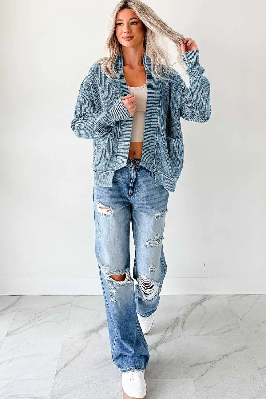 Stonewash Patchwork Knit Open Cardigan Women UK
