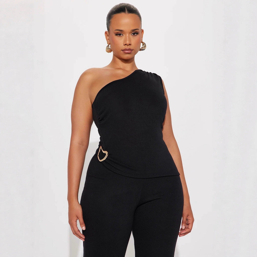 Fashionable Solid-Color Slim-Fit Asymmetrical-Neck Tops And Pants Set That Flatters Your Figure