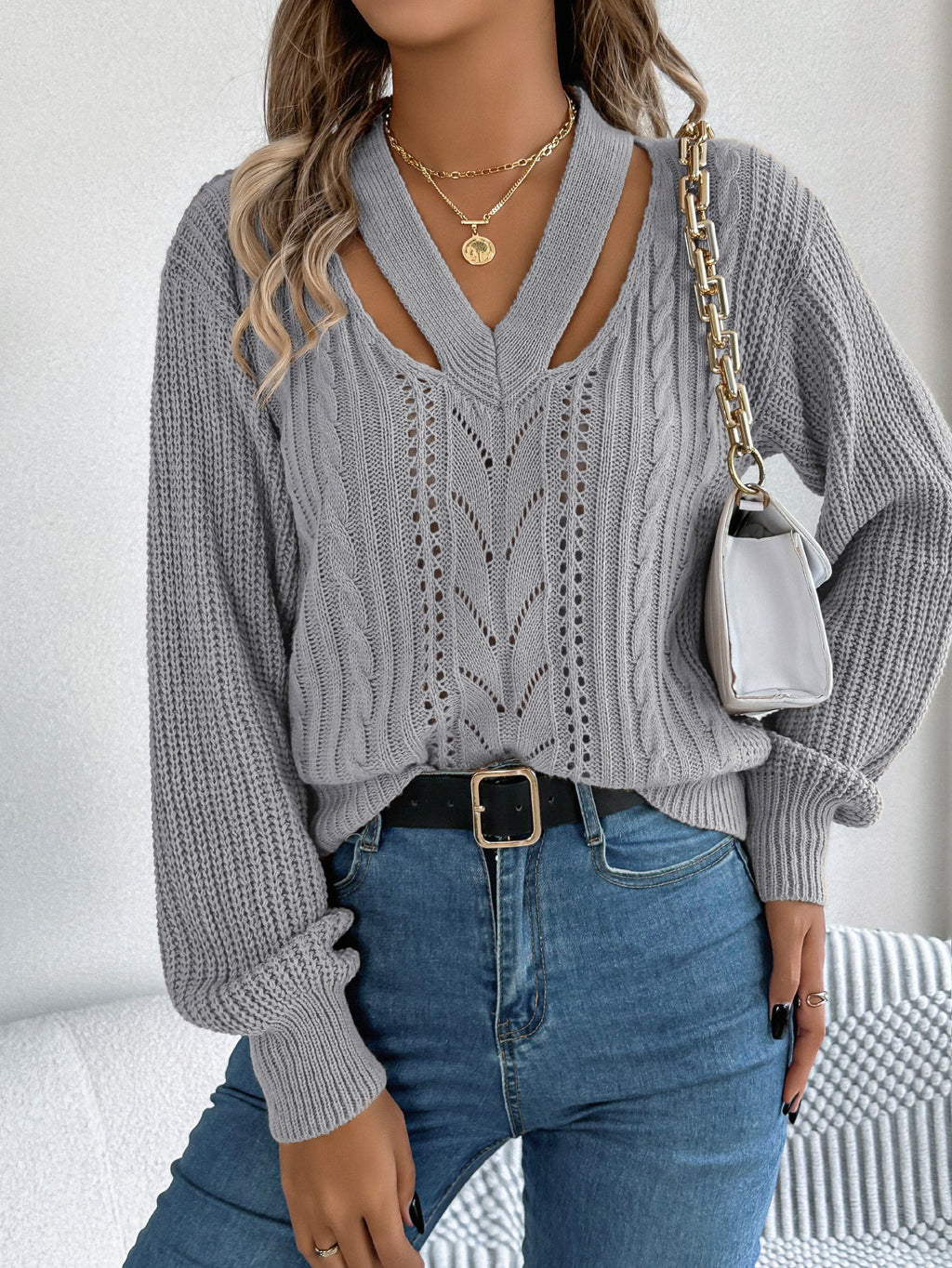 Women Casual Hollow Out V-Neck Cable Knit Lantern Sleeve Pullover Sweater