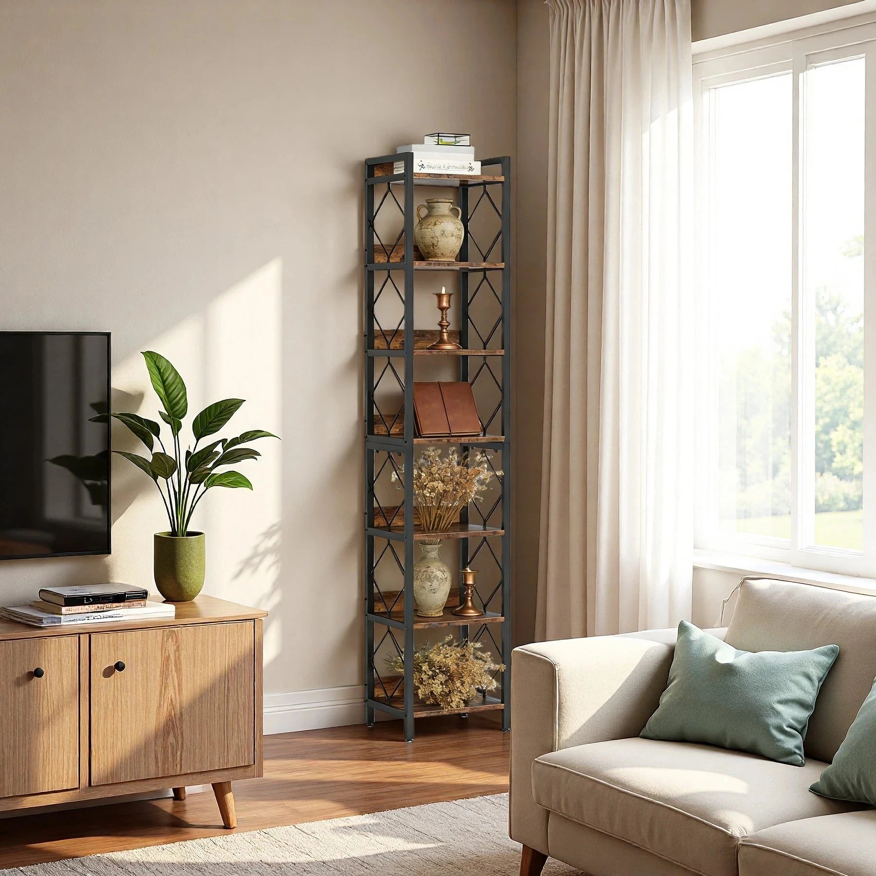 200cm Slim 7-Tier Industrial  Bookshelf - Rustic Wood & Black Metal Display Tower.