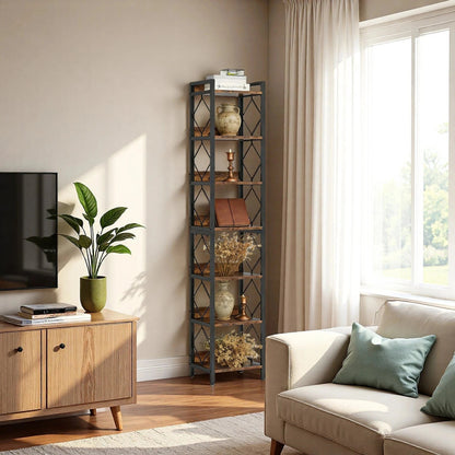 200cm Slim 7-Tier Industrial  Bookshelf - Rustic Wood & Black Metal Display Tower.