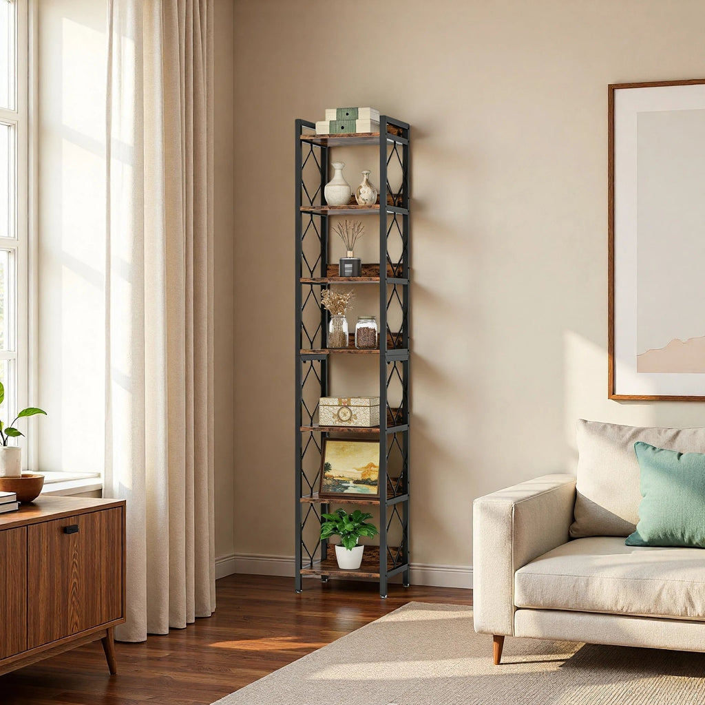 200cm Slim 7-Tier Industrial  Bookshelf - Rustic Wood & Black Metal Display Tower.