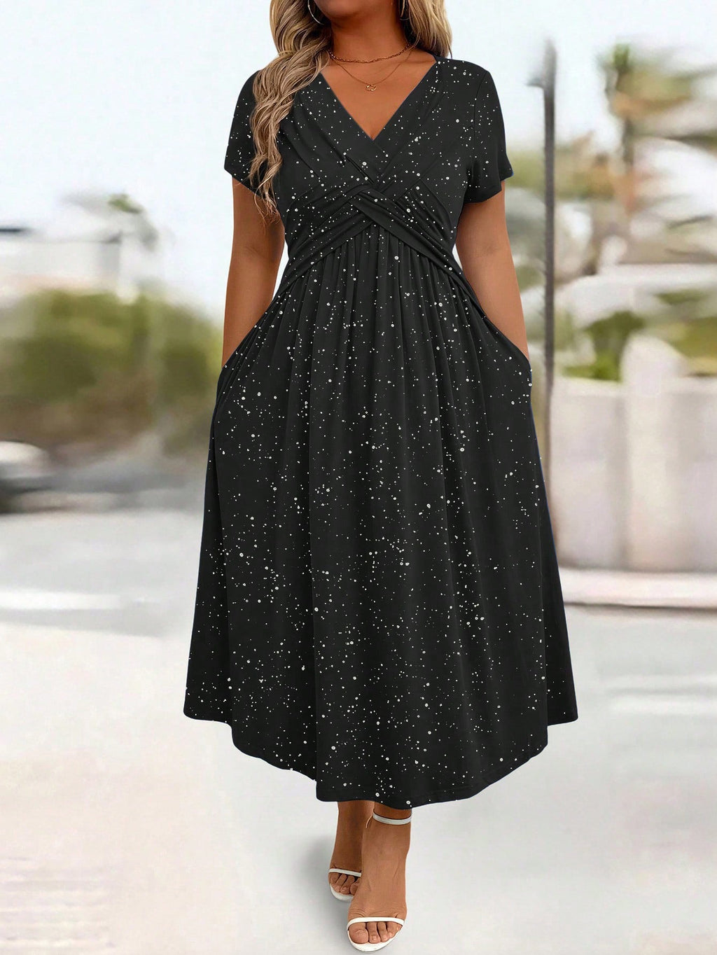 Waist Cinching Elegant Dress With A Vneck Shimmering Powder Finish Twisted Ribbon Detailing And Pocket Design