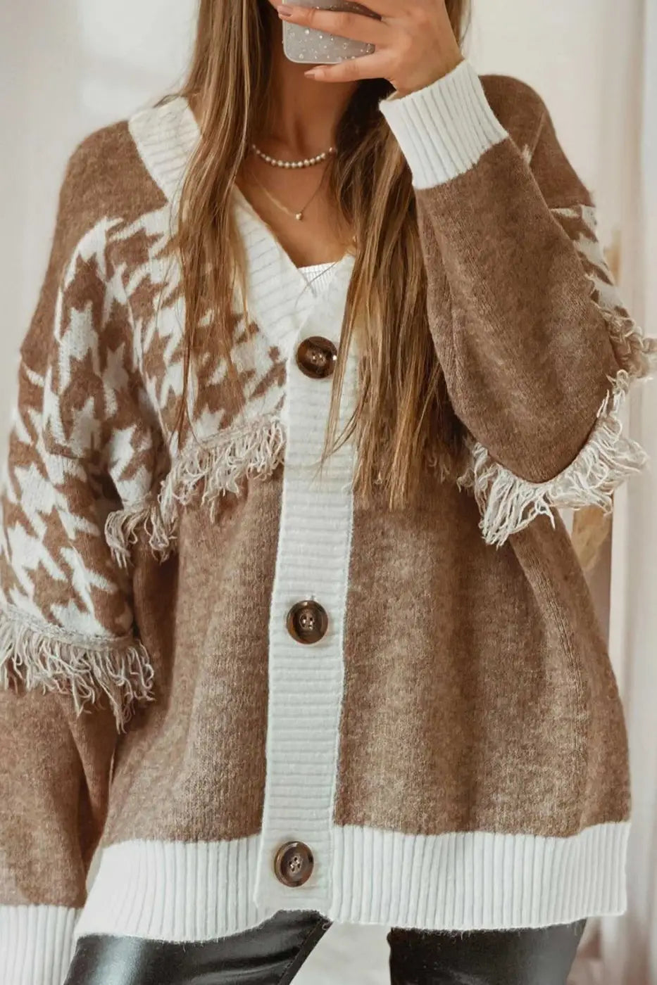 Khaki Houndstooth Knit Cardigan Women UK