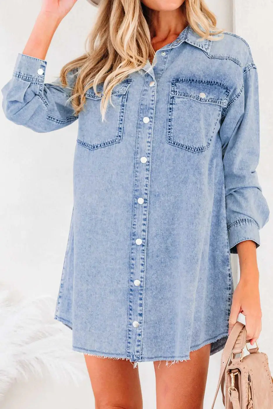Raw Hem Oversized Denim Shirt Dress Women UK