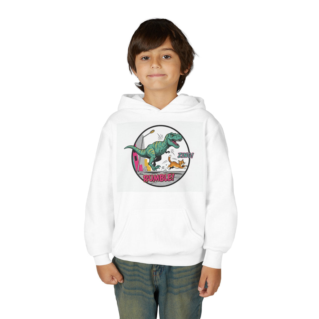 T-Rex Chase Dino Rumble Youth Hoodie | Dinosaur Graphic Sweatshirt