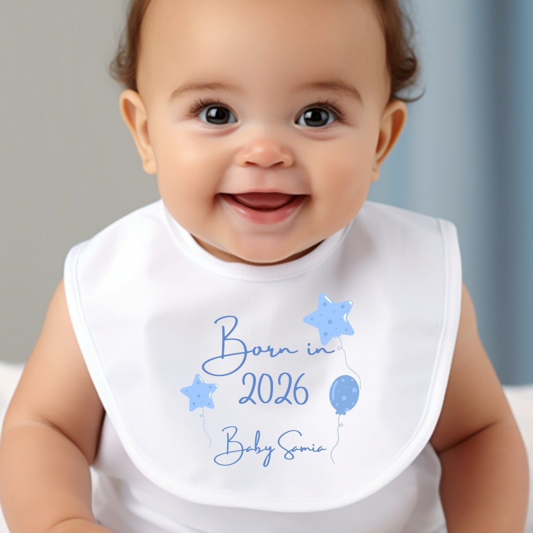 Personalised Born in 2026 Blue Balloons  Baby Grow, Vest or Bib with Name