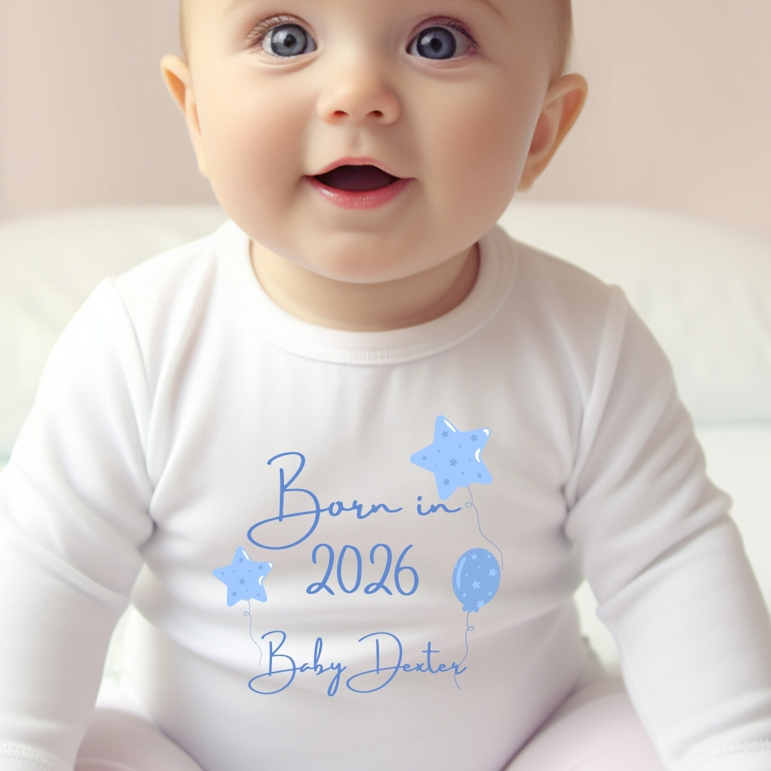 Personalised Born in 2026 Blue Balloons  Baby Grow, Vest or Bib with Name