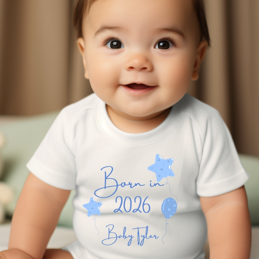 Personalised Born in 2026 Blue Balloons  Baby Grow, Vest or Bib with Name