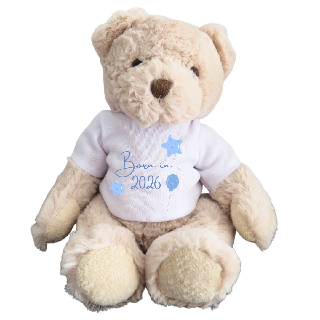 Personalised Teddy Bear, Born in 2026 Balue Balloons, Baby Boy Keepsake, New Baby Gift