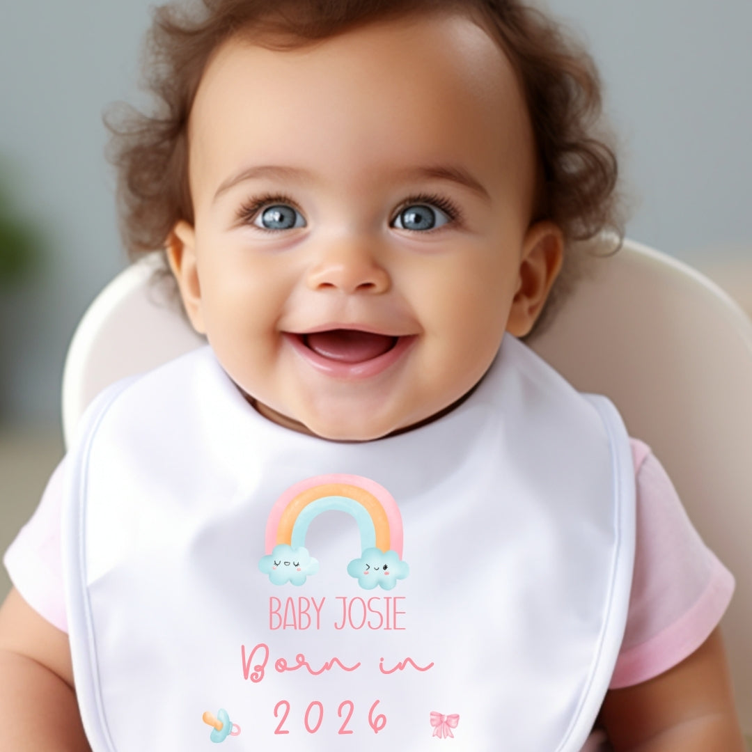 Personalised Born in 2026 Rainbow Baby Grow, Vest or Bib with Name