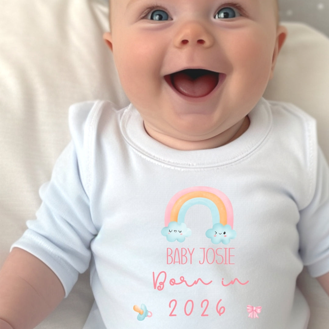 Personalised Born in 2026 Rainbow Baby Grow, Vest or Bib with Name