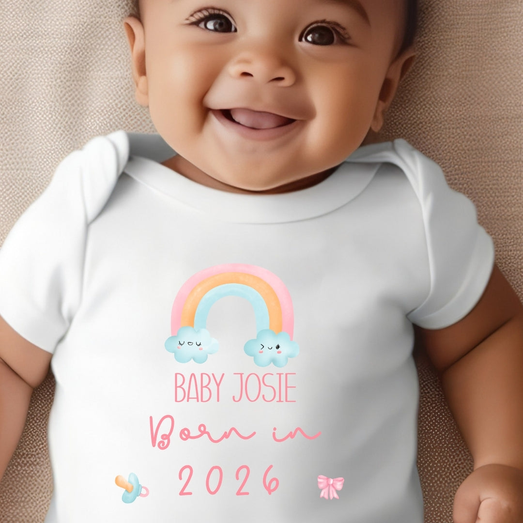 Personalised Born in 2026 Rainbow Baby Grow, Vest or Bib with Name