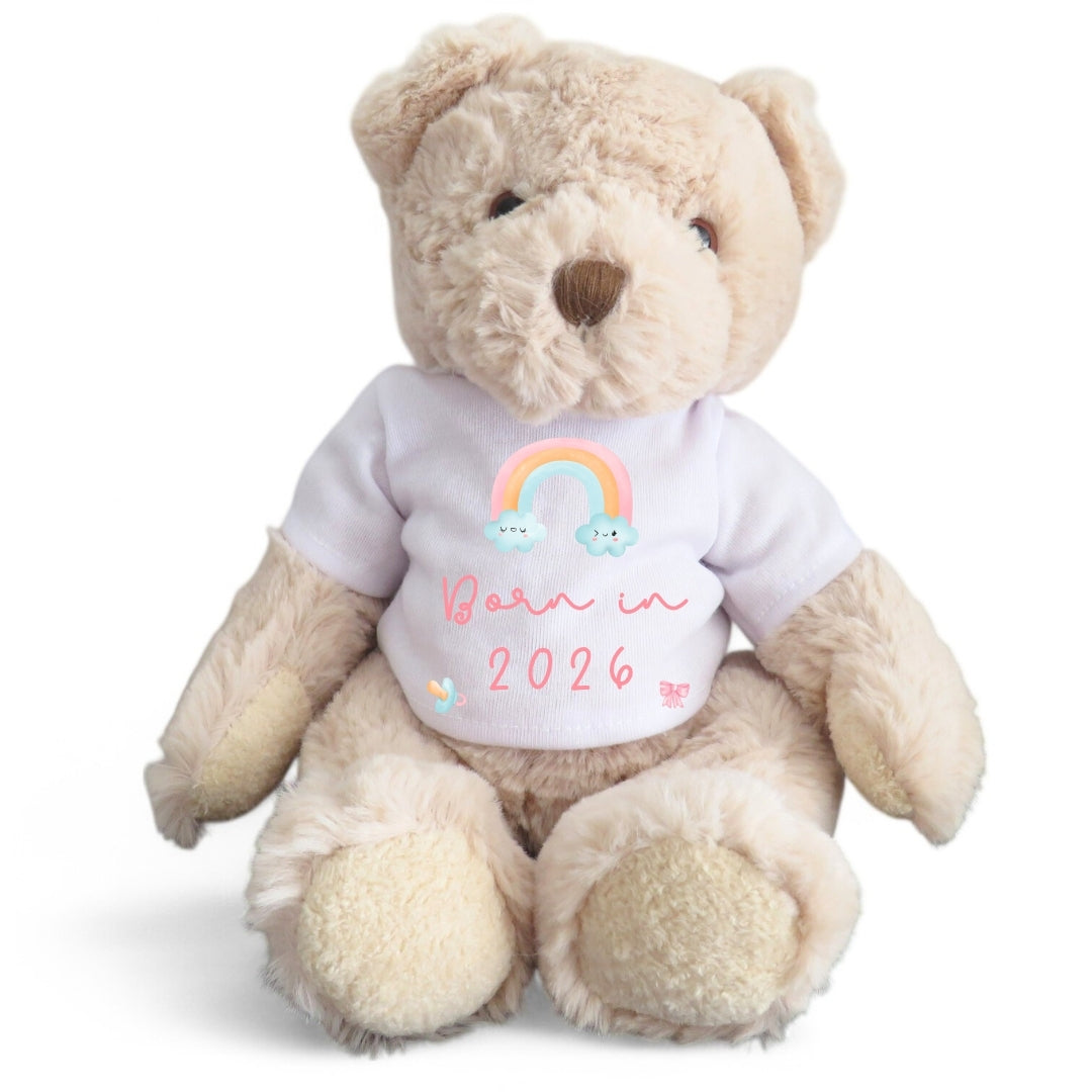 Personalised Luxury Teddy Bear | Born in 2026 Rainbow T-Shirt
